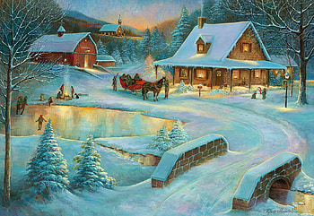 Winter At Little Meadow Farms, river, horse, barn, skating, house, artwork, sleigh, painting, christmas, snow, bridge, trees, campfire, ice HD wallpaper