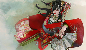 Geisha, rendering, kimono, asian, girl, woman, fantasy, green, red HD wallpaper