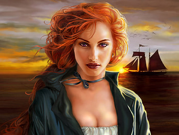 eyes of an angel, boat, ship, sunlight, dusk, 3d, abstract, cg, amazing, sun, ocean, sunset, sea, pirate, eyes, gorgeous, beautiful, orange, dark, purple, fantasy, sky, redhead, lovely HD wallpaper