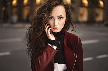 Red jacket, staring, girl model HD wallpaper