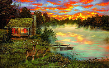 Couples Retreat, deer, colors, clouds, sky, cabin, lake, sunset, boat, artwork, painting HD wallpaper