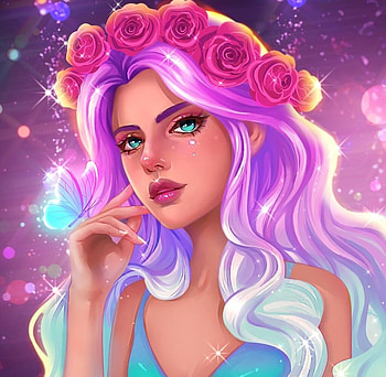 Beauty, butterfly, flower, face, harsh taggar, girl, wreath, blue, hand, rose, pink, fantasy HD wallpaper