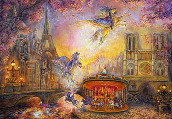 Magical Merry Go Round, paris, city, carousel, horses, eiffel tower, painting HD wallpaper