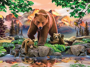 By Howard Robinson, animal, river, bear, cub, painting, art, family, howard robinson HD wallpaper