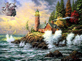 Courage, lighthouse, ship, house, rocks, ocean HD wallpaper