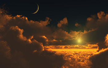Sunset, clouds, moon, sky, digital, render HD wallpaper