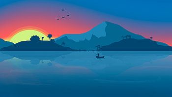 Minimalist Beach Boat Mountains Sunset Birds , minimalism, beach, boat, mountains, sunset, birds, artist, artwork, digital-art, sea HD wallpaper