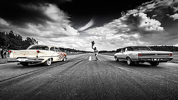 Racers, customcars, Oldies, racing, black and white HD wallpaper