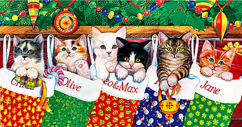 Stocking Kittens - Kittens, animal, art, cats, feline, beautiful, illustration, artwork, wide screen, painting, Christmas, pets, stockings HD wallpaper