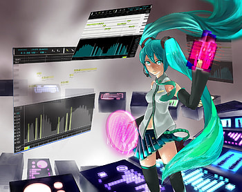 Hatsune Miku, blue, black, awesome, cute, vocaloid, beauty, nice, miku, vocaloids, hatsune, thighhighs, sexy, skirt, blue eyes, twintail, hot, blue hair, beautiful, studio, diva, anime, pretty, graph, cool, virtual, micro HD wallpaper