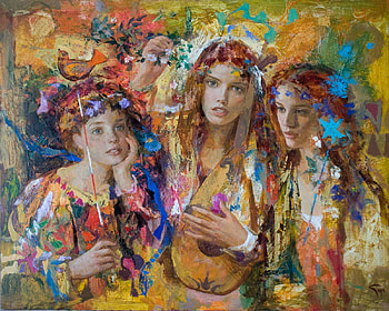 Party girls, art, olga suvorova, party, painting, pictura, face, girl HD wallpaper