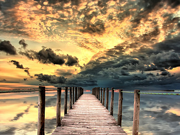 Pier at Sunset, sea, clouds, pier, sky, nature, sunset HD wallpaper