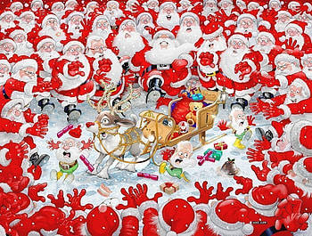 The Christmas scramble, craciun, fantasy, art, christmas, mike jupp, red, funny, santa HD wallpaper