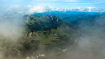 Aerial View Of Greenery Mountains Lake Bushes Trees Fog Clouds Blue Sky Nature HD wallpaper