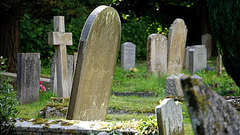 Weathered tombstones in a tranquil cemetery surrounded by greenery. HD wallpaper