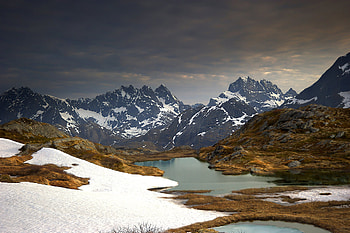 Landscape, winter, snow, clouds, sky, beautiful, grass, mountains, lake HD wallpaper