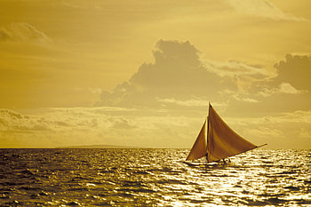 Catamaran near Boracay island Philippines, sea, philippiners, catamaran, sunset HD wallpaper