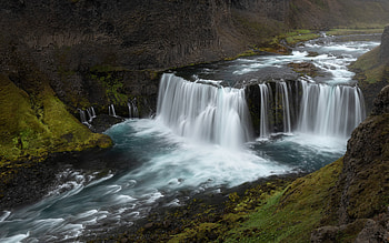 mountain river, waterfall, rocks, mountains, river, red waterfall, cloudy weather, Iceland HD wallpaper