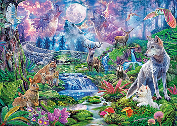 Moonlit Wild, creek, wolves, rabbits, mushrooms, cougars, owls, painting, moon, deer, flowers HD wallpaper