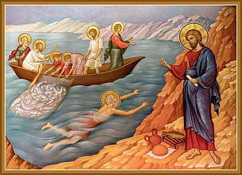 Apostles and Resurrected Jesus, Christ, boat, fishes, Jesus, apostles, lake HD wallpaper