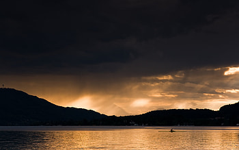 When The Evening Comes, rain, beautiful, dusk, reflections, lake, lakes, clouds, nature, mountains, water, calm, evening, sunset HD wallpaper