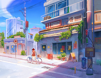 Art, Summer, Building, Girl, Street, Bicycle HD wallpaper