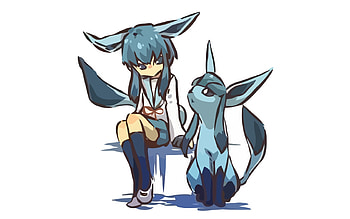 Glaceon & her Trainer, blue, glaceon, white, girl, dressed up, school uniform, eeveelution, sitting, anime, cosplay, pokemon, trainer HD wallpaper
