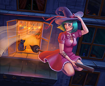 Witch, pink, antonina kowalewski, pisici, fantasy, cat, girl, orange, halloween, hat HD wallpaper