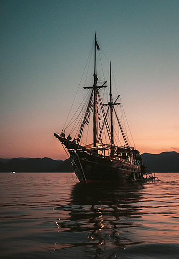 Water, Sunset, Waves, Miscellanea, Miscellaneous, Ship HD phone wallpaper