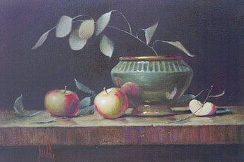 Emerald Pot, wooden, table, twig, leaves, apples, green, red, emeral, still, pot HD wallpaper