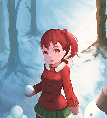 Winter, anime girl, outdoor play, original, art HD phone wallpaper