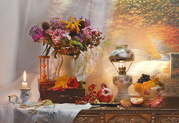 Still life, Lamp, Candle, Leaves, Autumn, Fruits HD wallpaper