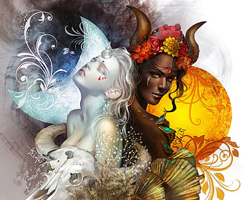 Moon and Sun, white, black, frumusete, dreamingfire rotheus, girl, dreamingfire, rotheus, fantasy, moon, luna, couple, luminos, sun HD wallpaper