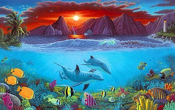 Friends of the Ocean, oceans, tropical, attractions in dreams, paradise, sea life, creative pre-made, summer, love four seasons, dolphins, underwater, nature, fish, islands HD wallpaper