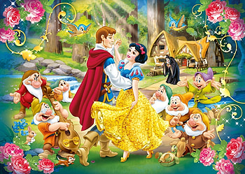 Snow White, dwarf, prince charming, dance, disney, fantasy, yellow, red, couple, cottage, luminos HD wallpaper