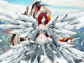 Erza Scarlet, brown eyes, wings, headband, sword, fairy tail, red hair, sparkle, titania, warrior HD wallpaper