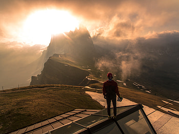 Nature, Mountains, Clouds, Fog, Height, Human, Person, Roof, Sunlight HD wallpaper