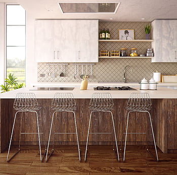 Chic minimalist kitchen design featuring wooden accents and modern bar stools. HD wallpaper