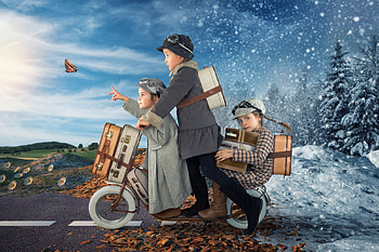 Escaping winter, blue, children, situation, john wilhelm, girl, copil, creative, sister, butterfly, funny HD wallpaper