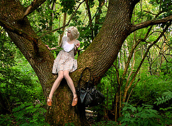 Forest, girl, bag, green HD wallpaper