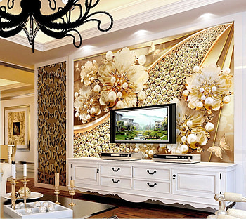 golden flowers, living room, decoration, wall, flowers HD wallpaper