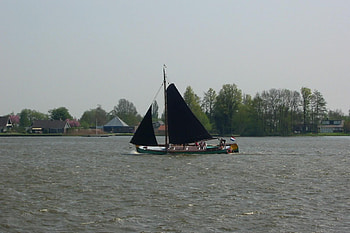 Tjalk (Frisian Sailing ship), boat, trees, tjalk, sky, dark sails, water HD wallpaper
