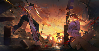 Chainsaw Man Epic: Aki, Denji & Power in Action, Aki Hayakawa, Power (Chainsaw Man), Denji (Chainsaw Man), Anime, Chainsaw Man HD wallpaper