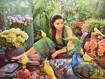Girl with birds, zbigniew kopania, painting, art, bird, pictura, girl, woman HD wallpaper