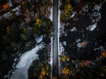Road, aerial shot, water stream HD wallpaper