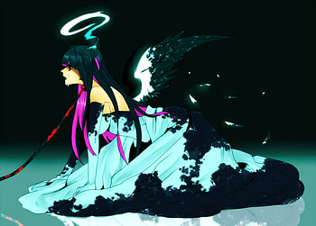 Anarchy Stocking, wings, feathers, blue eyes, tears, black hair, pink hair, long hair, dress, leash, stocking, panty and stocking with garterbelt HD wallpaper