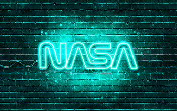 NASA turquoise logo, , turquoise brickwall, NASA logo, fashion brands, NASA neon logo, NASA HD wallpaper