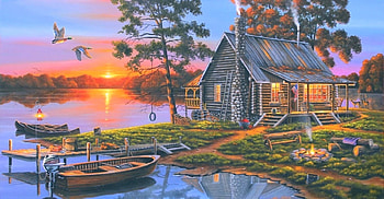 Morning Glory, attractions in dreams, paintings, houses, sunrise, love four seasons, lakes, cottages, boats, cabins, clouds, autumn, nature, sky, fall season HD wallpaper