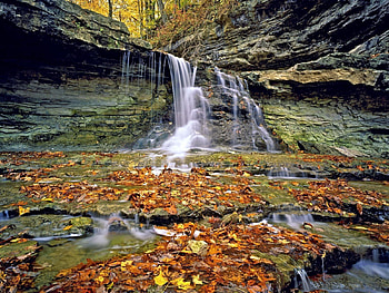Nature, Autumn, Leaves, Rocks, Waterfall, Layers HD wallpaper