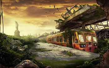 Apocalypse, ruin, train, dark, green HD wallpaper